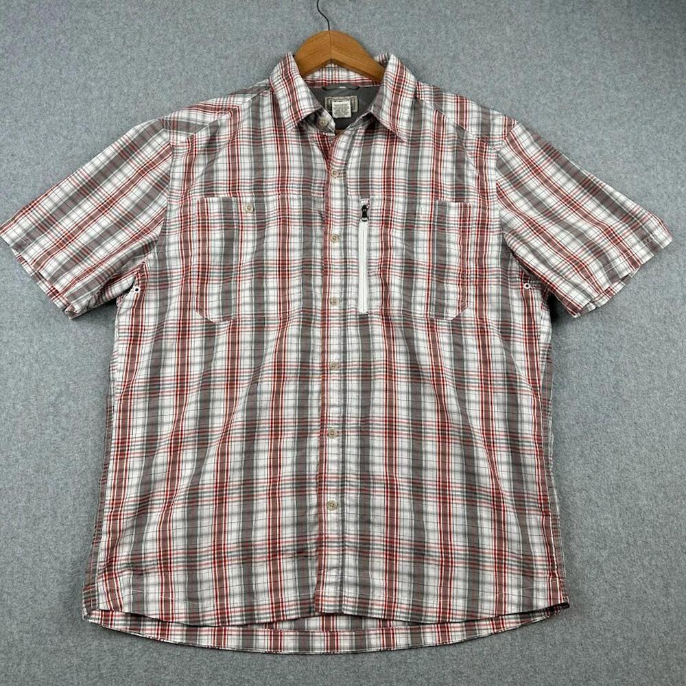 LL Bean Men's Medium Regular Red Plaid Button Shirt Short Sleeve Fishing Outdoor